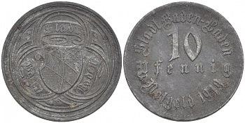 БАДЕН-БАДЕН 10 ПФЕННИГОВ 1919 НОТГЕЛЬД цинк 3856-1016