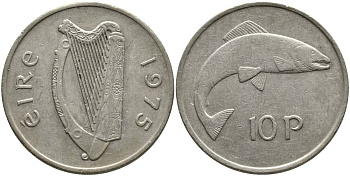 ИРЛАНДИЯ 10 ПЕНСОВ 1975 ЛОСОСЬ KM 23 медно-никель 4531-735