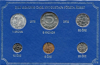 Швеция набор монетного двора из 6 монет 1976 в картоне, Карл XVI Густав (1973- ) KM MS4 UNC 7-5-7-222