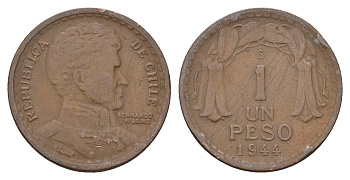 Чили 1 песо 1944 KM 179 медь 4688-325