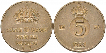 Швеция 5 эре 1960 TS Густав VI Адольф (1950-1973) KM 822 бронза 77-524