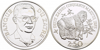 Заир 2,5 заира 1975 серия защита окружающей среды, гориллы, тираж 5735 экз. KM 9 серебро UNC 1074-6-33