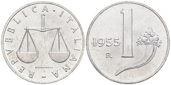 Италия 1 лира 1955 R, весы KM 91 алюминий  UNC  4594-712