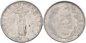 Турция 25 куруш 1963  KM 892.2 сталь 4595-456