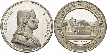ГЕРМАНИЯ МЕДАЛЬ ND ФРИДРИХ ФОН ШИЛЛЕР, ДОМ В ВИЛЬХЕМЕ В КОТОРОМ ЖИЛ ШИЛЛЕР С 1802 ПО 1806 ГОД, ДИАМЕТР 37,5 ММ., ВЕС 15,9 ГР. серебро PROOF 01-147-41