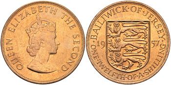 Джерси 1/12 шиллинга 1957 Елизавета II (1952-2022) KM 21 бронза aUNC 4367-334