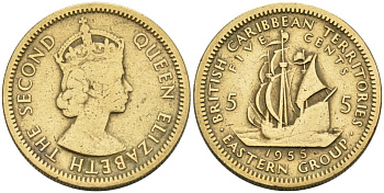 Британские Восточно-Карибские территории 5 центов 1955 Елизавета II (1952-2022), парусник KM 4 никель латунь 4566-942