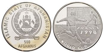 Афганистан 500 афгани 1996 XVI Чемпионат мира по футболу Франция 1998, тираж 10.000 экземпляров KM 1027 серебро PROOF 1088-5-61