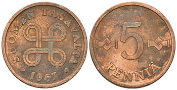 Финляндия 5 пенни 1967 KM 45 медь 4174-825