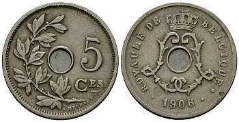 Бельгия 5 сантимов 1906 Belgique KM 54 медно-никель 4173-424