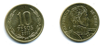 ЧИЛИ 10 ПЕСО 2011 ГЕНЕРАЛ БЕРНАРДО О ХИГГИНС KM 228.2 никель-бронза 37-1135