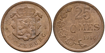 Люксембург 25 сантимов 1946 Шарлотта (1918-1964) KM 45 бронза 4115-137