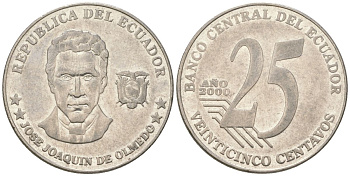 Эквадор 25 сентаво 2000 KM 107 сталь плакированная никелем 4401-1253