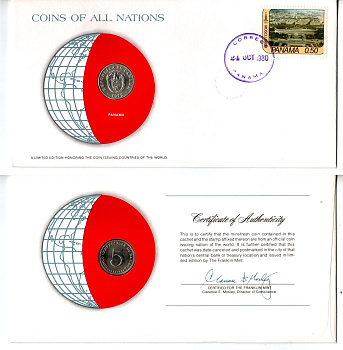 Панама 5 сентесимо 1975 конверт с маркой первого дня гашения, Coins of Nations KM 23.2 медно-никель UNC 4295-21-3