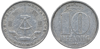 ГДР 10 ПФЕННИГОВ 1967 А алюминий 62-734