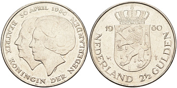 Нидерланды 2 1/2 гульдена 1980 коронация Беатрикс, 30 апреля 1980 KM 201 никель 4593-621