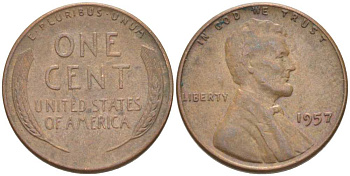 США 1 ЦЕНТ 1957 ЛИНКОЛЬН KM А132 медь цинк 3309-1167
