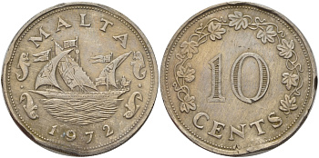 Мальта 10 центов 1972 баржа Великого магистра KM 11 медно-никель 82-513