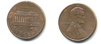 США 1 цент 1989 Линкольн KM 201b цинк плакированный медью 86-245