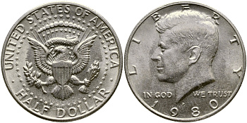 США 1/2 ДОЛЛАРА ( 50 ЦЕНТОВ ) 1980 P, ДЖОН КЕННЕДИ KM А202b медь плакированная медно-никелем 1523-444