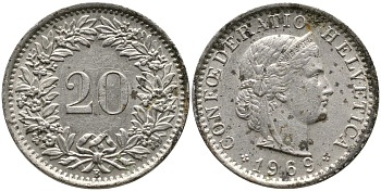 Швейцария 20 раппенов 1969 В KM 29а медно-никель 4539-616