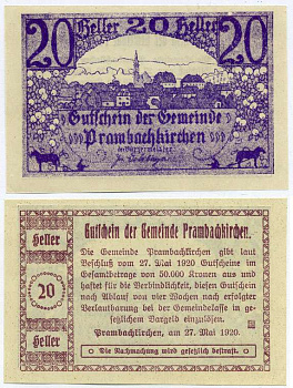 Австрия, Прамбахкирхен 20 геллеров 1920 27 мая 1920, нотгельд, ярмарочная коммуна в земле Верхняя Австрия   бумага  UNC (пресс) 7221-29-2-2