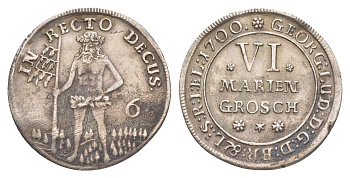 Брауншвейг-Каленберг-Ганновер 6 мариенгрошей 1700 дикарь, Георг I (1698-1727), из коллекции Ричарда Б. Смита KM 11, Welter 2179 серебро 00-821-25