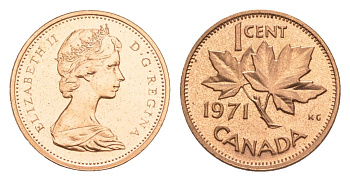 Канада 1 цент 1971 Елизавета II (1952-2022), кленовый лист KM 59.1 бронза PROOF-LIKE (BU) 4630-915