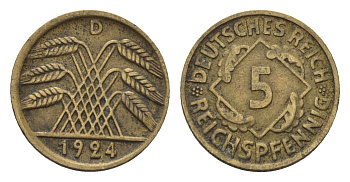 Германия 5 рейхспфеннигов 1924 D KM 39, J. 316 алюминиевая бронза 4651-717
