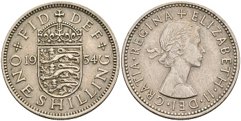Великобритания 1 шиллинг 1954 Елизавета II (1952-2022), Английский герб KM 904, Spink 4147 медно-никель    4595-841