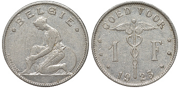 Бельгия 1 франк 1923 Belgie, Альберт I (1909-1934) KM 90 никель 51-1222