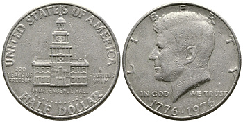 США 50 центов = 1/2 доллара 1976 200 лет независимости, Джон Кеннеди KM 205 медь плакированная медно-никелем 35-232