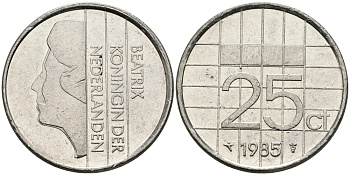 НИДЕРЛАНДЫ 25 ЦЕНТОВ 1985 БЕАТРИКС KM 204 никель 96-311