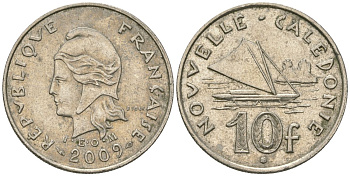 Французская Новая Каледония 10 франков 2009 рыбачья парусная лодка, (IEOM) KM 11a, Schoen 13a, Lec 99k медно-никель 61-1113
