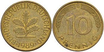 ФРГ 10 пфеннигов 1989 G J. 383, KM 108 сталь плакированная латунью    4603-622