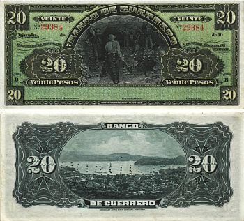 Мексика 20 песо 1906-1914 банк штата Герреро, вид на залив, перфорация 'погашено' Pick S300b бумага 00-00