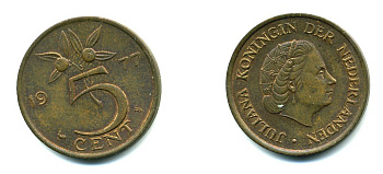 Нидерланды 5 центов 1977 Юлиана (1948-1980) KM 181 бронза 76-451