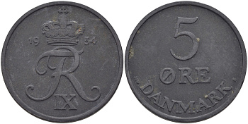 ДАНИЯ 5 ЭРЕ 1954 N; S, ФРЕДЕРИК IX (1947-1972) KM 843.1 цинк 97-1144