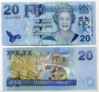Фиджи 20 долларов ND (2007) Елизавета II (1952-2022), лесозаготовки, добыча полезных ископаемых, гора Улуинабукелеву Pick 112 бумага UNC (пресс) 451-392-2