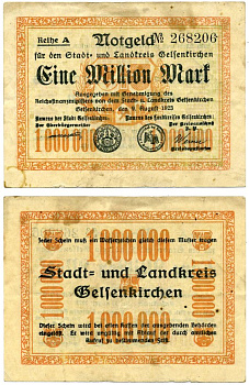 ГЕЛЬЗЕНКИРХЕН 1000000 марок (1 миллион) 1923 9 августа 1923, нотгельд, земля Северный Рейн-Вестфалия, REIHE A Keller 1710m бумага 2193-31-3-1