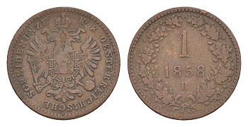 Австрия 1 крейцер 1858 B, Франц Иосиф I (1848-1916) KM 2186 медь 4639-159