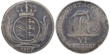 Вюртемберг 6 крейцеров 1807 Фридрих I (1806-1816) KM 495 серебро    188-424
