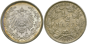 Германия 1/2 марки 1917 Е KM 17, J. 16 серебро UNC 65-247