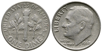 США 10 ЦЕНТОВ = 1 ДАЙМ 1968 D, РУЗВЕЛЬТ KM 195а медь плакированная медно-никелем 37-238