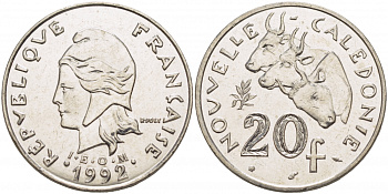 Французская Новая Каледония 20 франков 1992 коровы KM 12 никель 3457-515