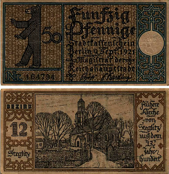 БЕРЛИН, ГЕРМАНИЯ 50 ПФЕННИГОВ 1921 НОТГЕЛЬД, ЗЕМЛЯ ПРУССИЯ, 2 СЕНТЯБРЯ 1921, BEZIRK 12 ARNOLD KELLER 92.1 бумага 7523-33-3-2