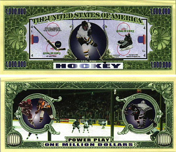 США 1000000 ДОЛЛАРОВ 2002 СУВЕНИРНАЯ БАНКНОТА, ХОККЕЙ С ШАЙБОЙ бумага аUNC 7198-40-3-1