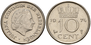 Нидерланды 10 центов 1974 Юлиана (1949-1980) KM 182 никель    4598-318
