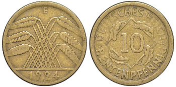 Германия 10 рентенпфеннигов 1924 E KM 33, J. 309 алюминиевая бронза 4604-642