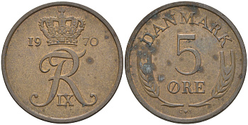 ДАНИЯ 5 ЭРЕ 1970 C; S, ФРЕДЕРИК IX (1947-1972) KM 848.1 бронза 106-121